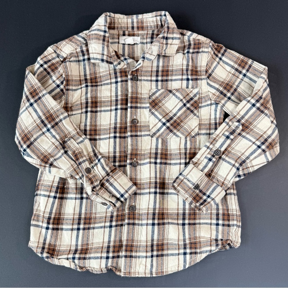 Flannel Plaid Kids Shirt in Brown, White, and Black. Boy’s Size 6/7